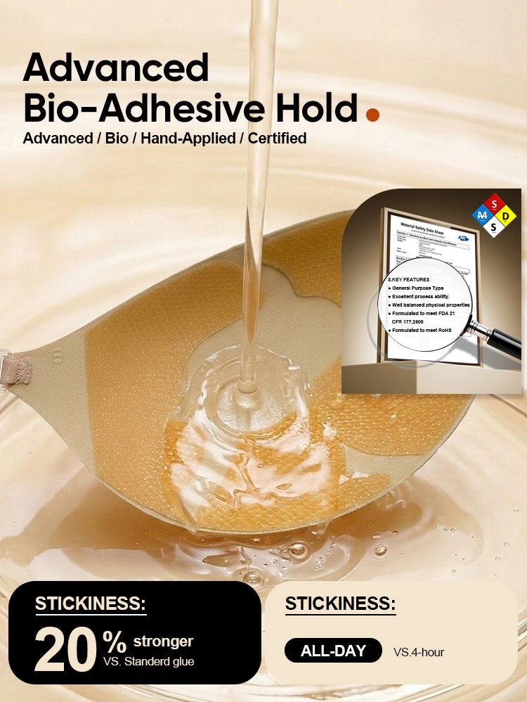 EasyBunny adhesive bra advanced bio-adhesive hold, 20% stronger than standard glue, all-day wear, FDA 21 CFR and RoHS certified