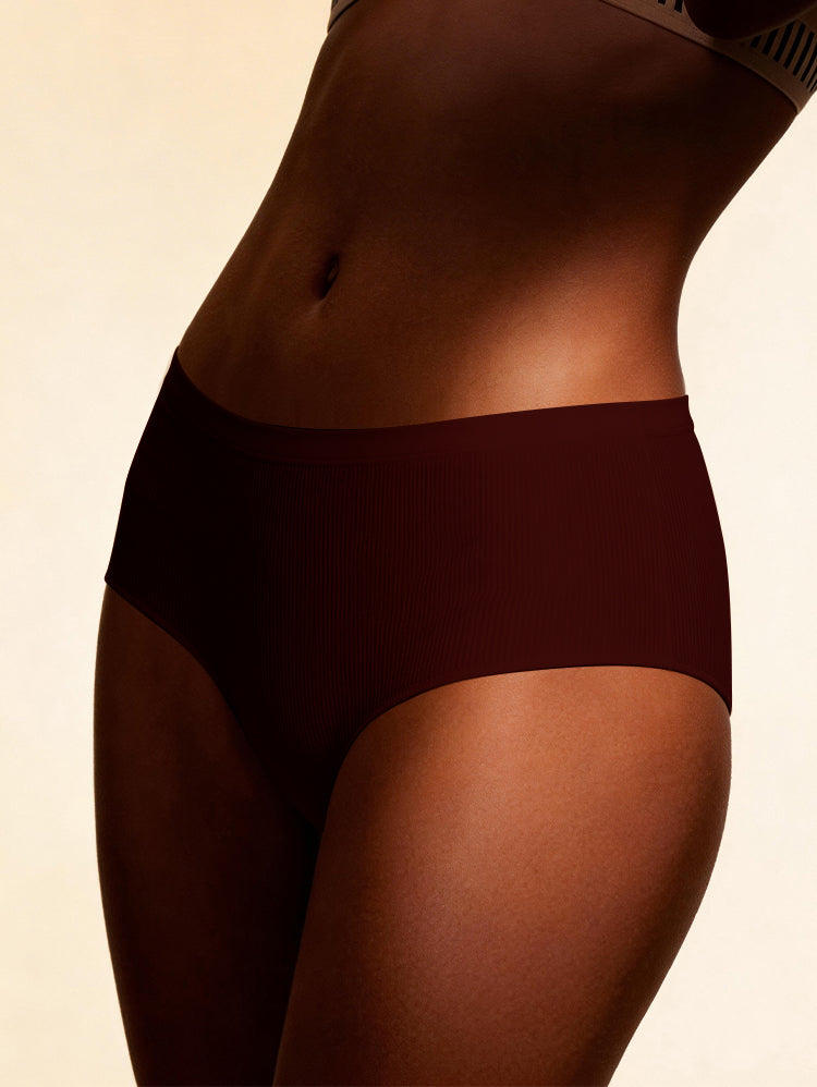 EasyBunny High Waist Seamless Briefs Burgundy – Back View Styled with White Long Sleeve Top