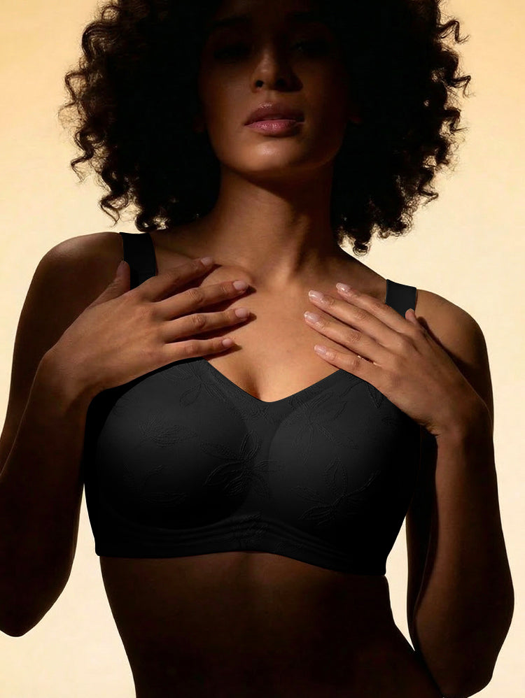 EasyBunny Minimizer Bra Black – Jacquard Fabric Detail Full Coverage Front View Deep Skin Tone