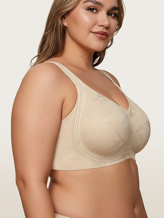 EasyBunny Minimizer Bra Nude – Wireless Jacquard Side View Plus Size Full Coverage C-G Cup