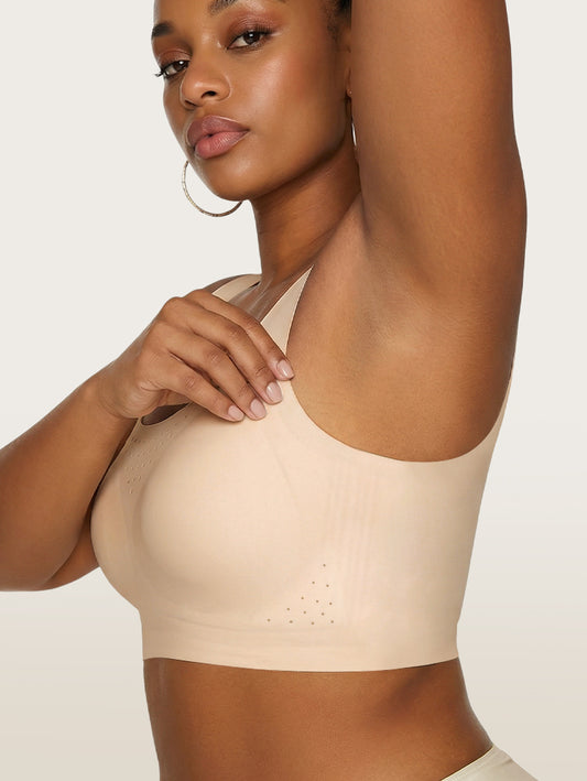 EasyBunny Perforated Minimizer Bra Nude – Wireless Seamless Side View Breathable Perforated Holes Arm Raised Dark Skin Plus Size