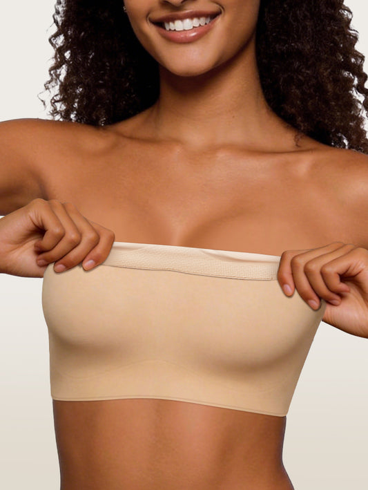 Nude strapless bandeau bra front silhouette wireless seamless support