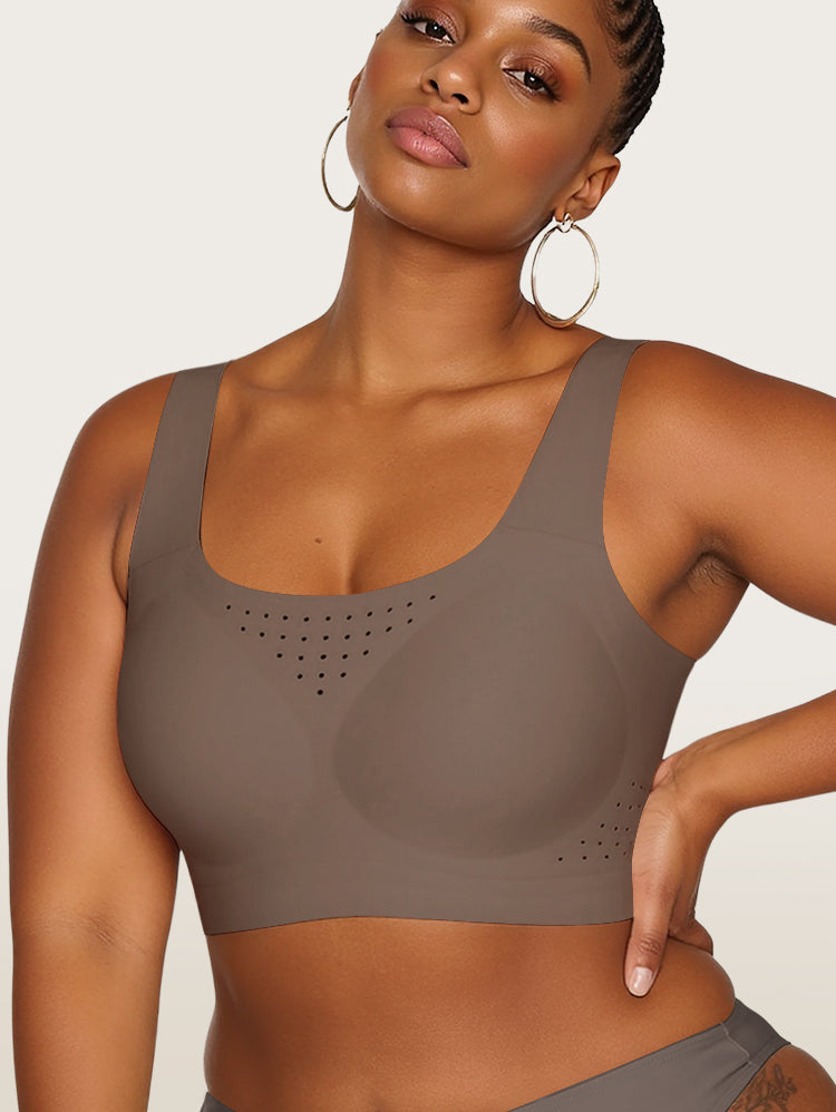 EasyBunny Perforated Minimizer Bra Caramel – Wireless Scoop Neck Breathable Perforated Detail Full Coverage Front View Dark Skin