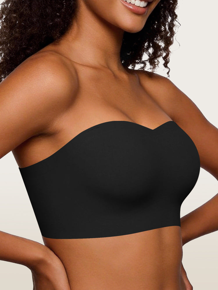 Black seamless wireless bandeau bra side profile close-up view
