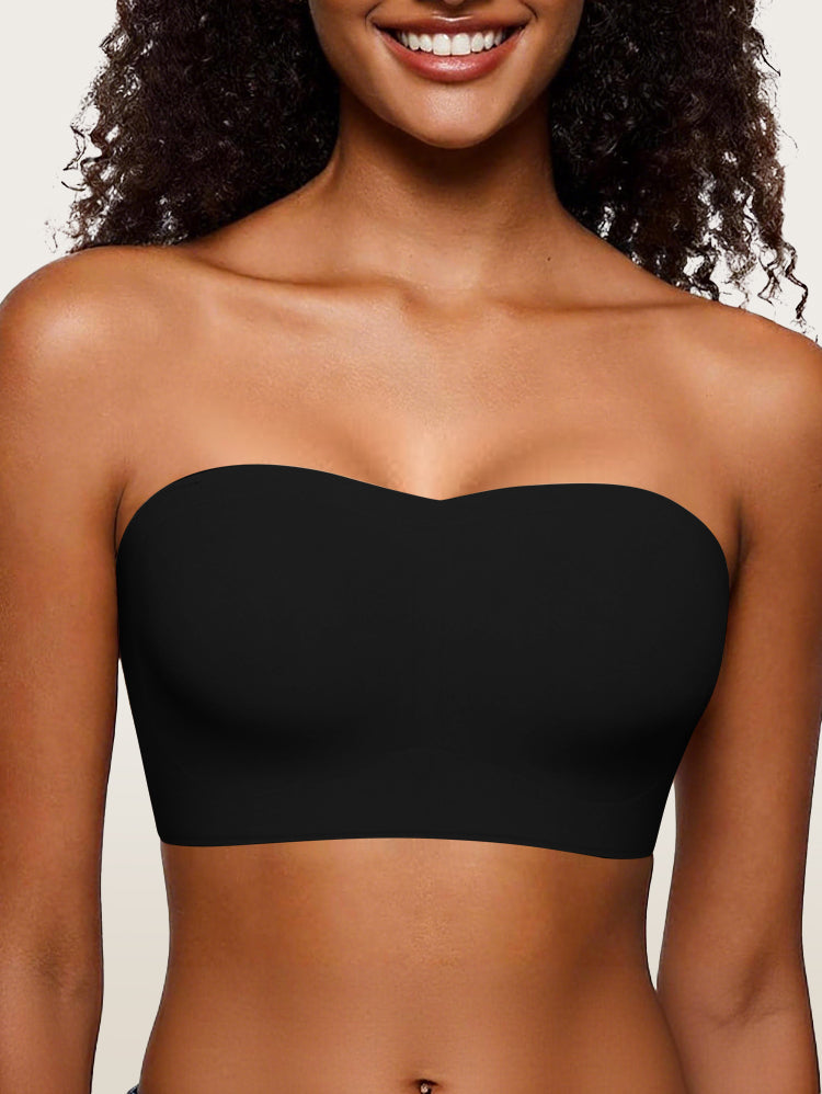 Women smiling in black seamless strapless bandeau bra front view