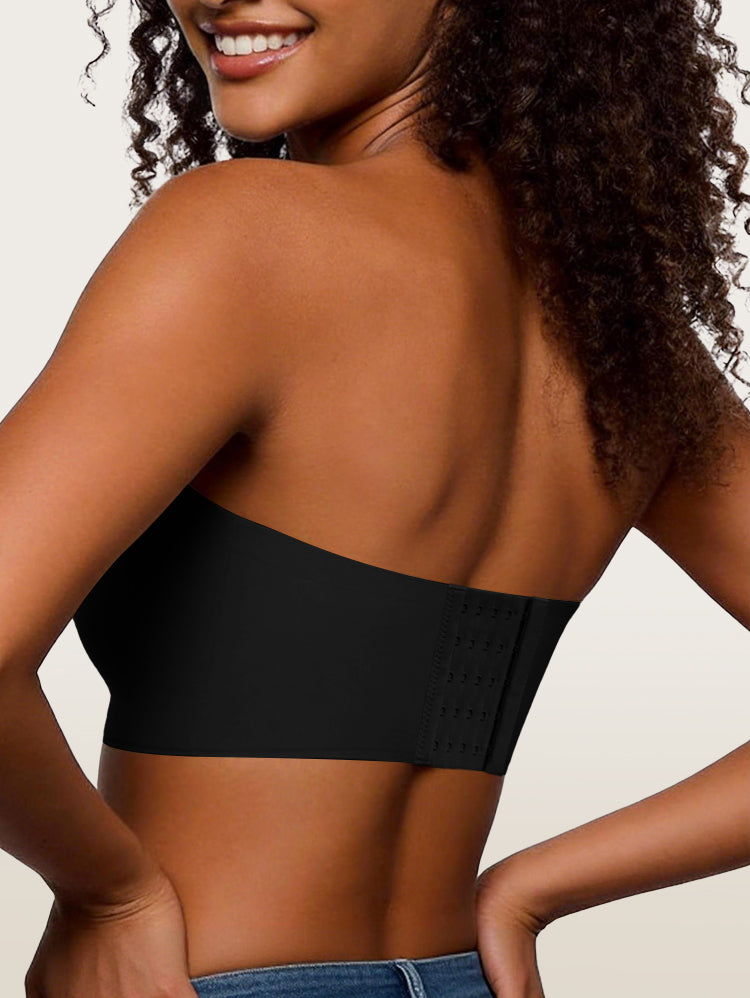 Back view of black strapless bandeau bra with hook closure detail