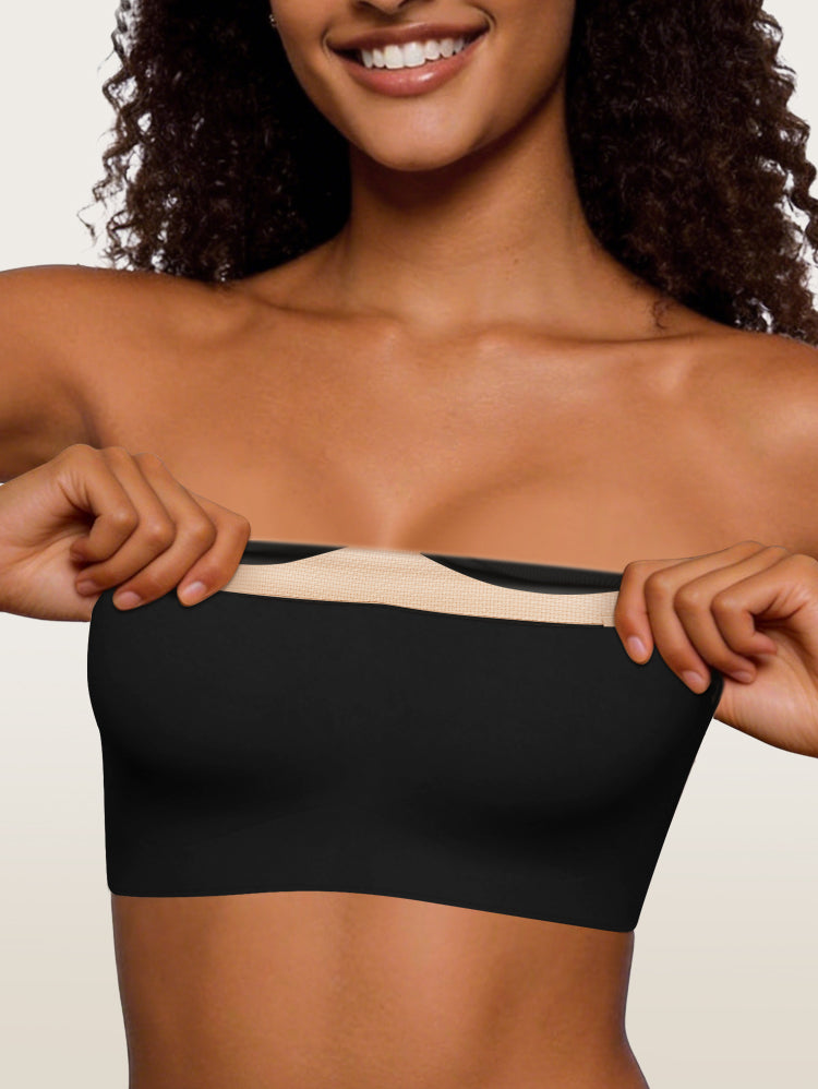 Black strapless bandeau bra showing stretch inner lining and support detail