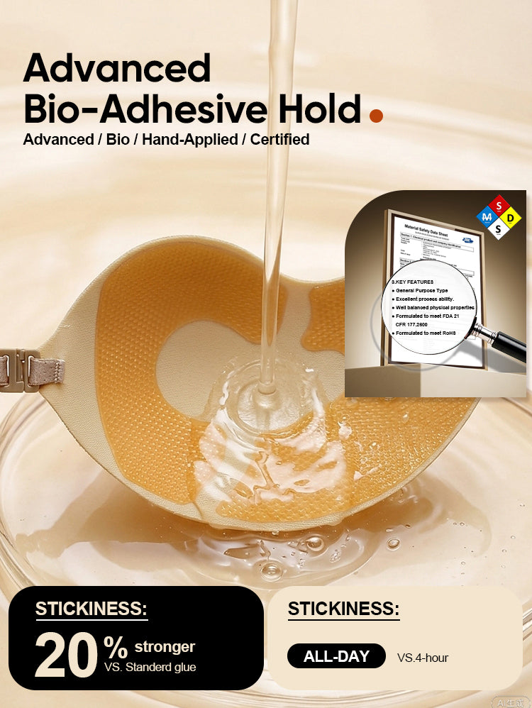 EasyBunny adhesive bra with advanced bio-adhesive hold, 20% stronger than standard glue, FDA 21 CFR certified, all-day wear