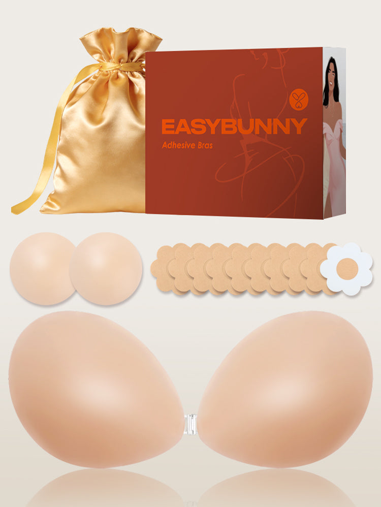 EasyBunny Adhesive Bra Complete Kit – Includes Silicone Nipple Covers, Disposable Flower Pasties, Premium Gift Box and Gold Satin Bag