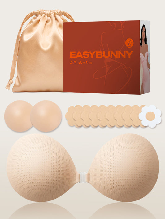 EasyBunny adhesive bra complete set with reusable nipple covers, disposable pasties, satin storage bag and branded gift box