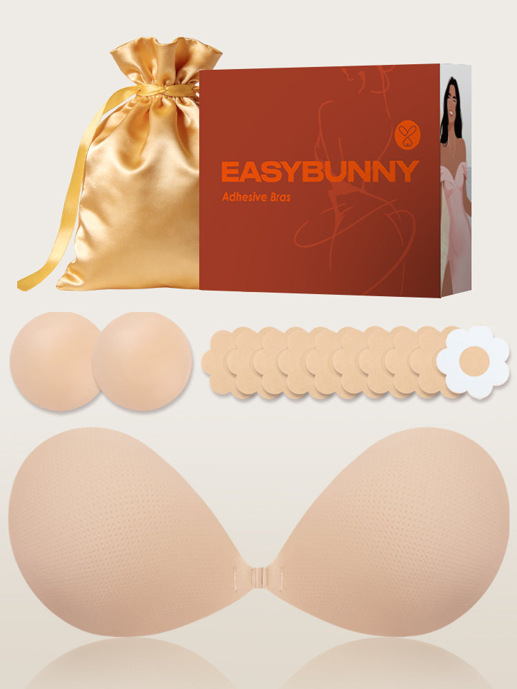 EasyBunny Adhesive Bra Complete Kit – Round Cup Sticky Bra, Reusable Nipple Covers, Satin Storage Bag & Gift Box