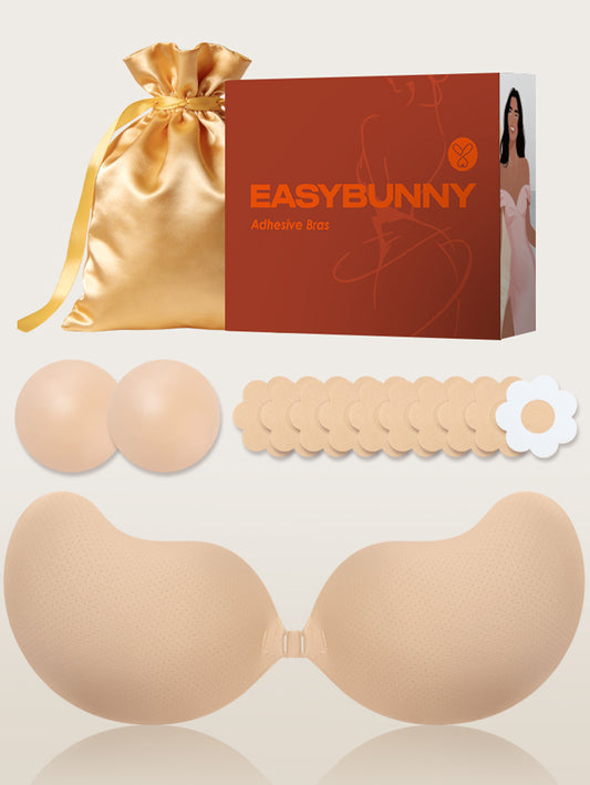 EasyBunny Adhesive Bra Kit – Includes Silicone Nipple Covers and Strapless Push-Up Bra in Beige