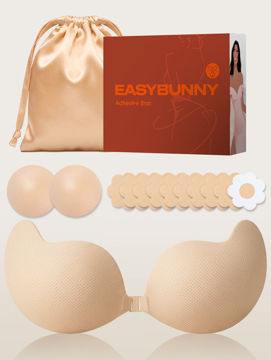 EasyBunny adhesive bra complete set including sticky bra, reusable nipple covers, disposable pasties, and satin storage bag