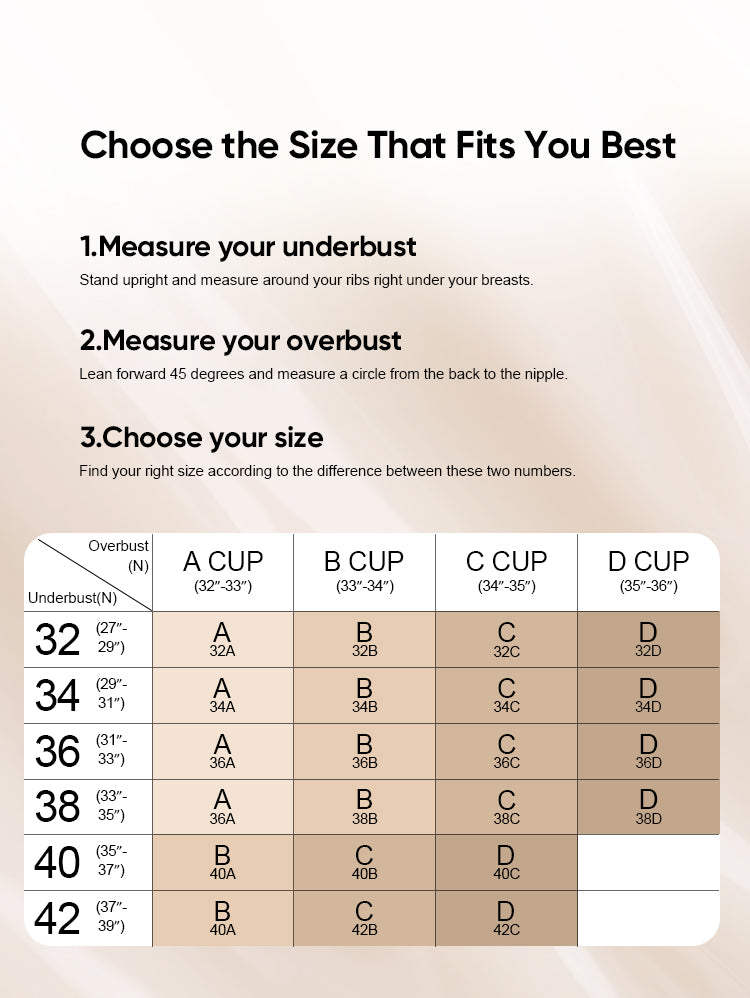 EasyBunny Adhesive Bra Size Chart – How to Measure Underbust and Overbust, Sizes 32A to 42C