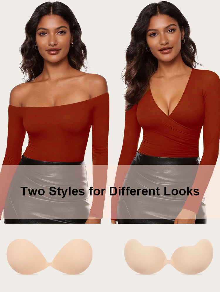 EasyBunny Adhesive Bra Two Wearing Styles – Off-Shoulder Strapless and Deep V Push-Up Cleavage Look