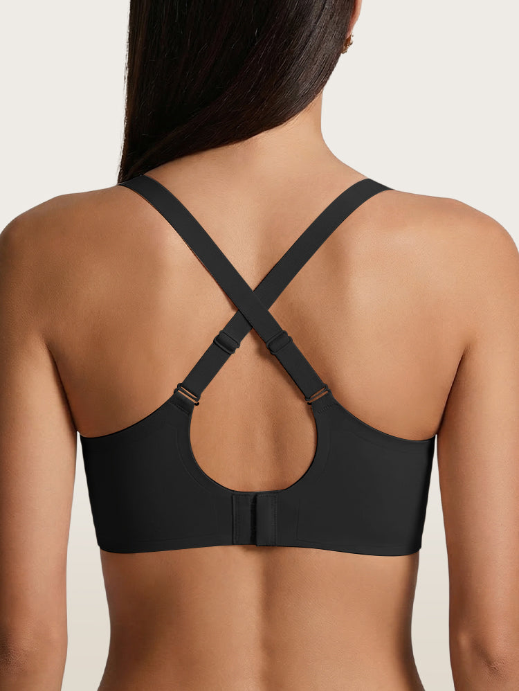 EasyBunny Minimizer Bra Black – Wireless Cross Back T-Strap Design Back Closure Back View
