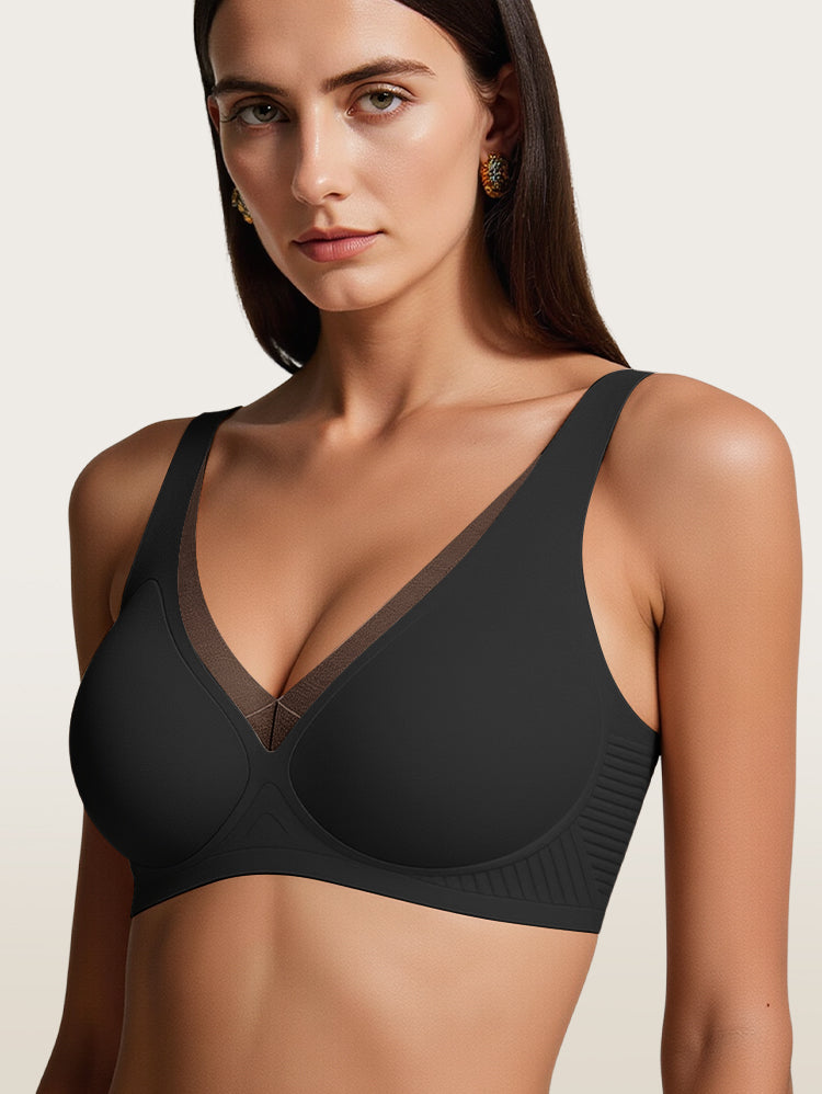 asyBunny Minimizer Bra Black – Wireless V-Neck Mesh Center Detail Full Coverage Front View