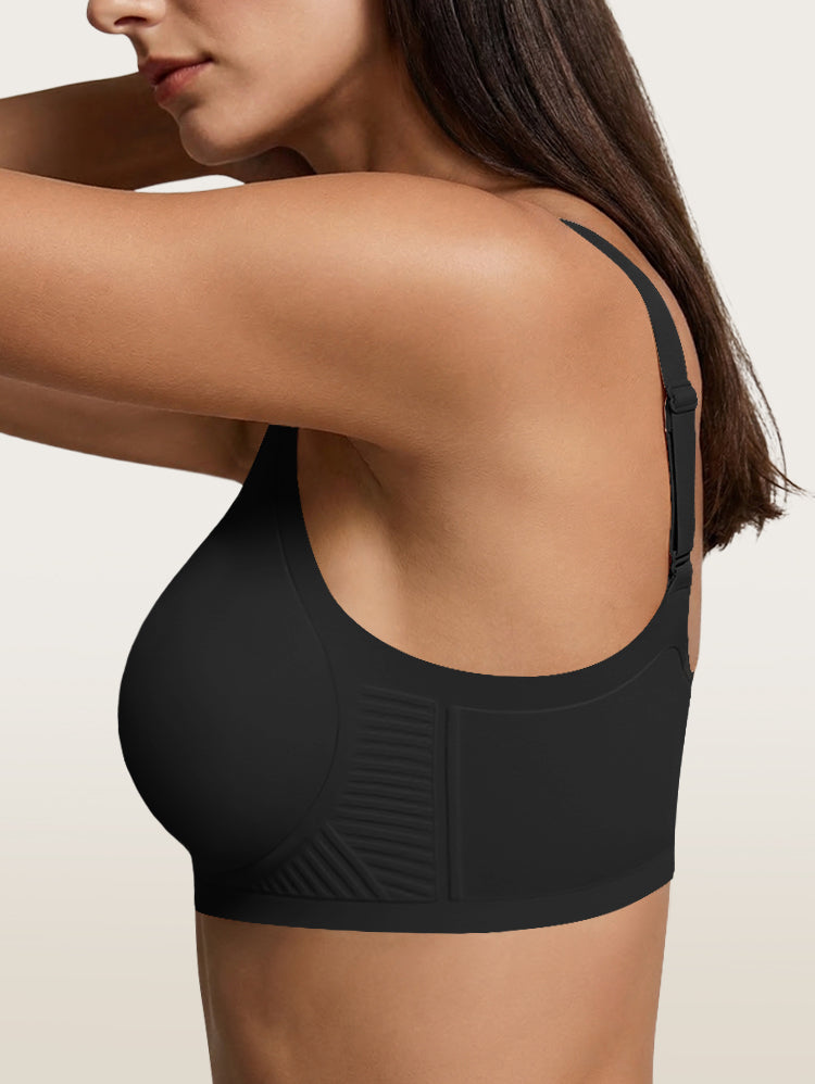 EasyBunny Minimizer Bra Black – Wireless Seamless Side Ribbed Support Panel Detail Arm Raised