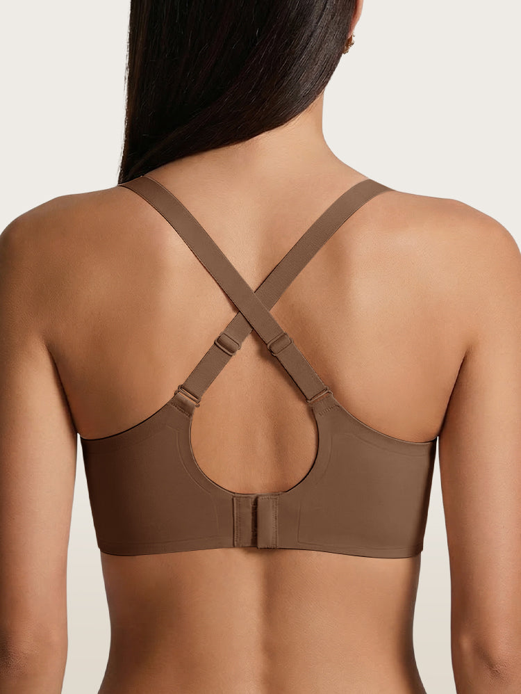 EasyBunny Deep V Mesh Bra Nude – Wireless Cross Back T-Strap Adjustable Back Closure Back View