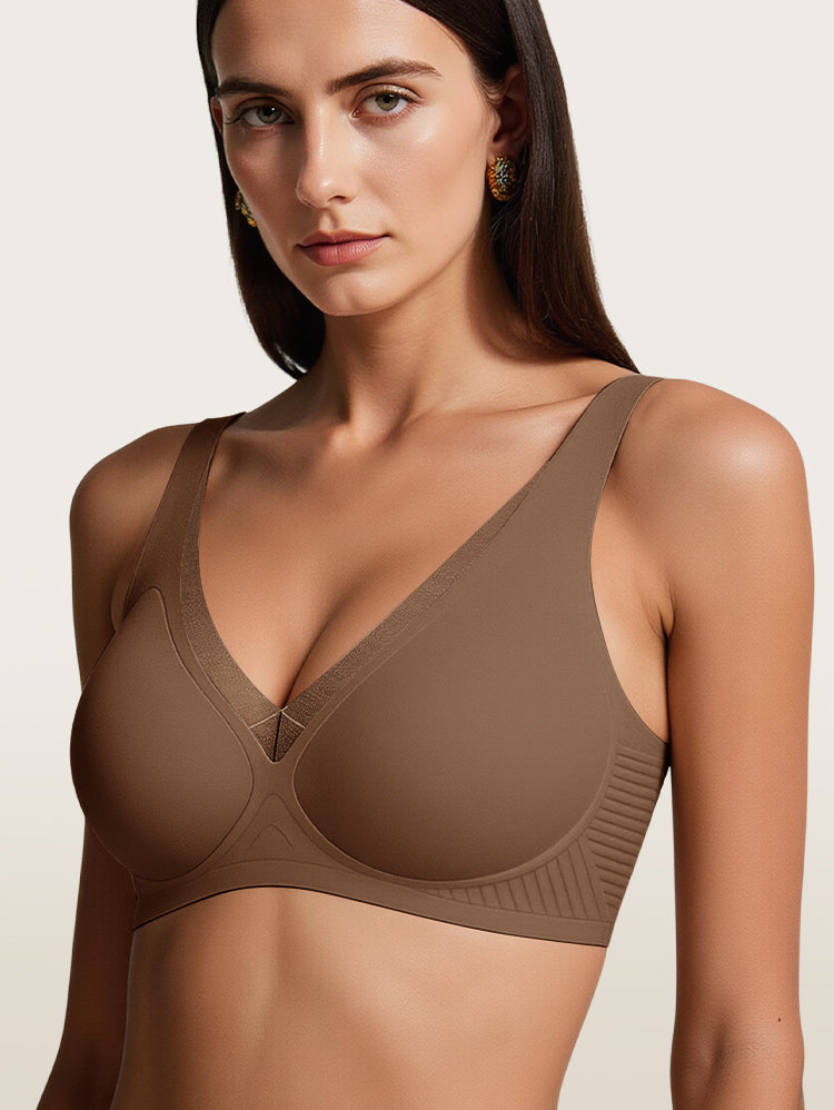 EasyBunny Deep V Mesh Bra Nude – Wireless Plunge V-Neck Sheer Mesh Center Panel Full Coverage Front View