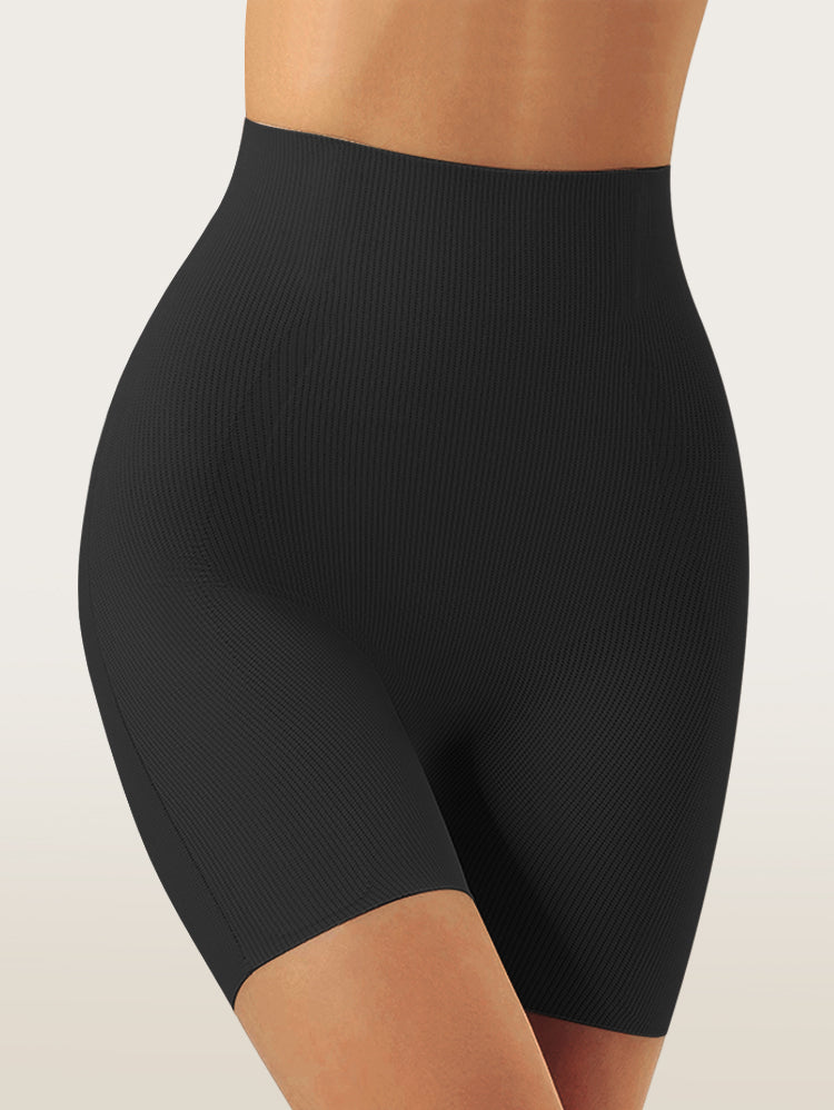 EasyBunny High Waist Shaping Shorts Black – Ribbed Seamless Fabric Tummy Control Front View