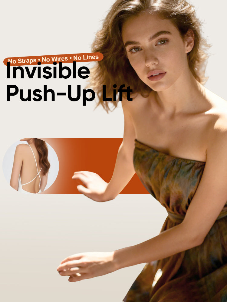 Woman wearing EasyBunny invisible push-up lift bra with no straps, no wires, and no visible lines under backless dress