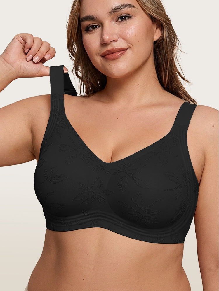 EasyBunny Minimizer Bra Black – Wireless Jacquard Full Coverage Plus Size C-G Cup Front View with Adjustable Straps