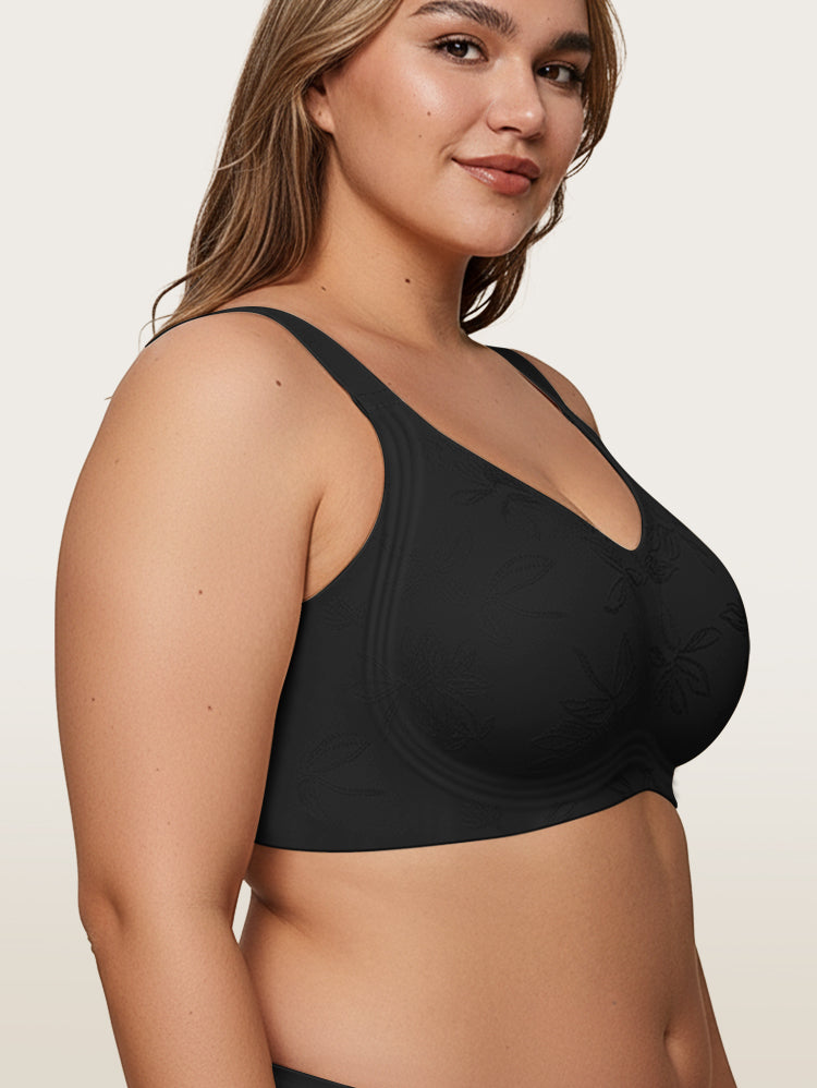 EasyBunny Minimizer Bra Black – Wireless Jacquard Side Support Full Coverage Plus Size Side View