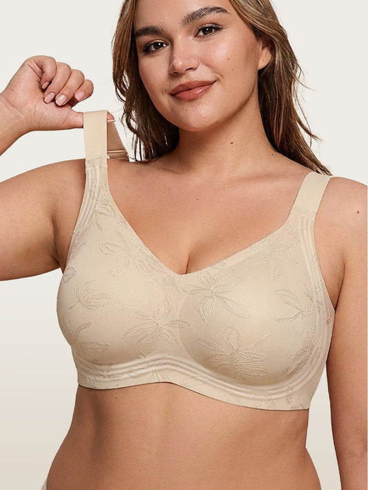 EasyBunny Minimizer Bra Nude – Jacquard Full Coverage Front Close-Up Deep Skin Tone Wireless Plus Size
