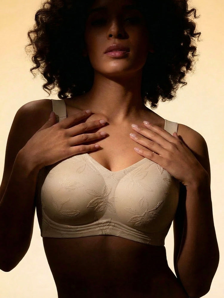 EasyBunny Minimizer Bra Nude – Wireless Jacquard Side View Light Skin Plus Size Full Coverage