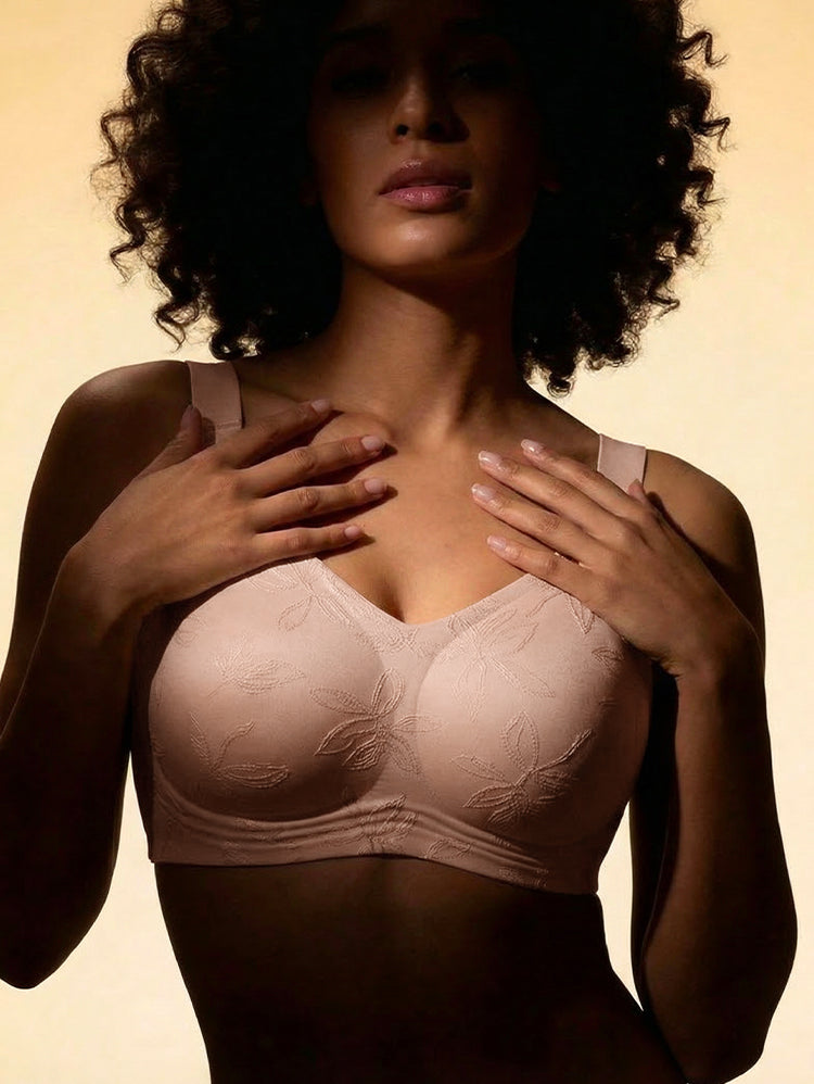 EasyBunny Minimizer Bra Pink – Jacquard Full Coverage Front Close-Up Deep Skin Tone Wireless Plus Size