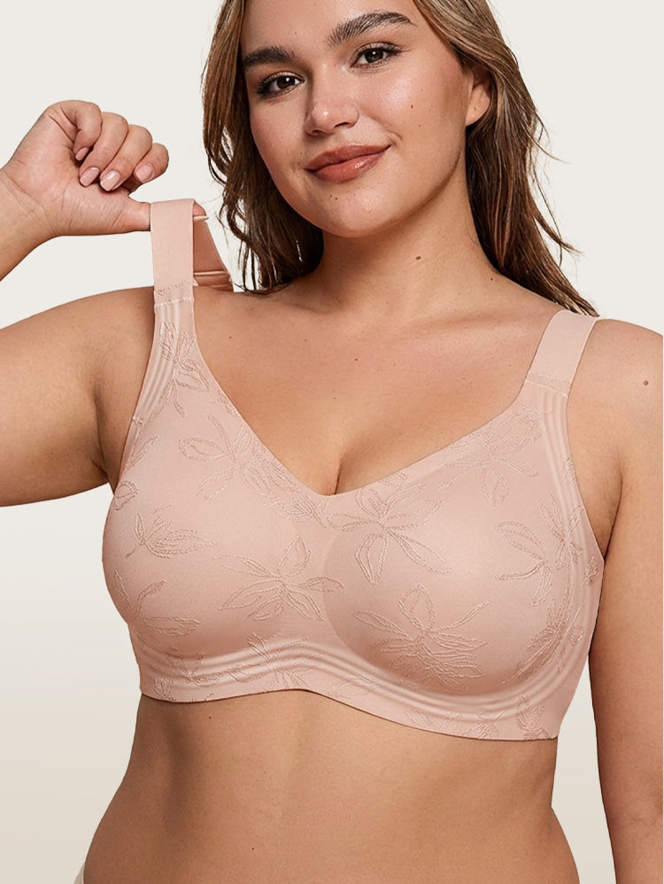 EasyBunny Minimizer Bra Pink – Wireless Jacquard Adjustable Straps Front View Plus Size Full Coverage
