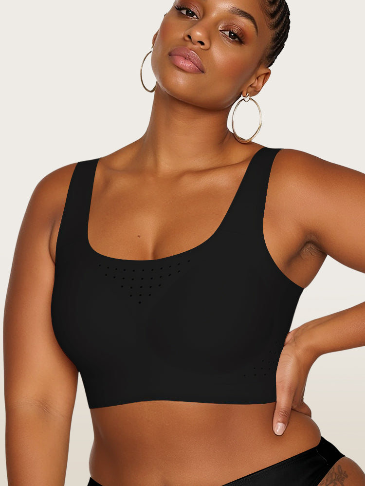 EasyBunny Perforated Minimizer Bra Black – Wireless Scoop Neck Breathable Perforated Detail Full Coverage Front View Dark Skin