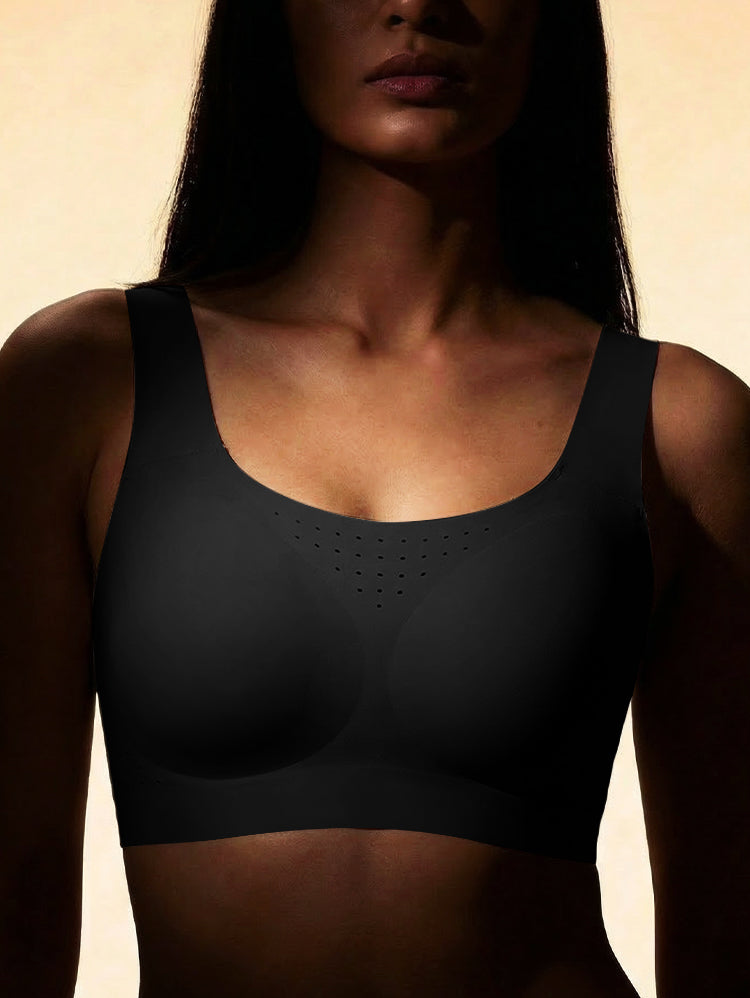 EasyBunny Perforated Minimizer Bra Black – Wireless Scoop Neck Perforated Detail Front Close-Up Warm Light Dark Skin Tone