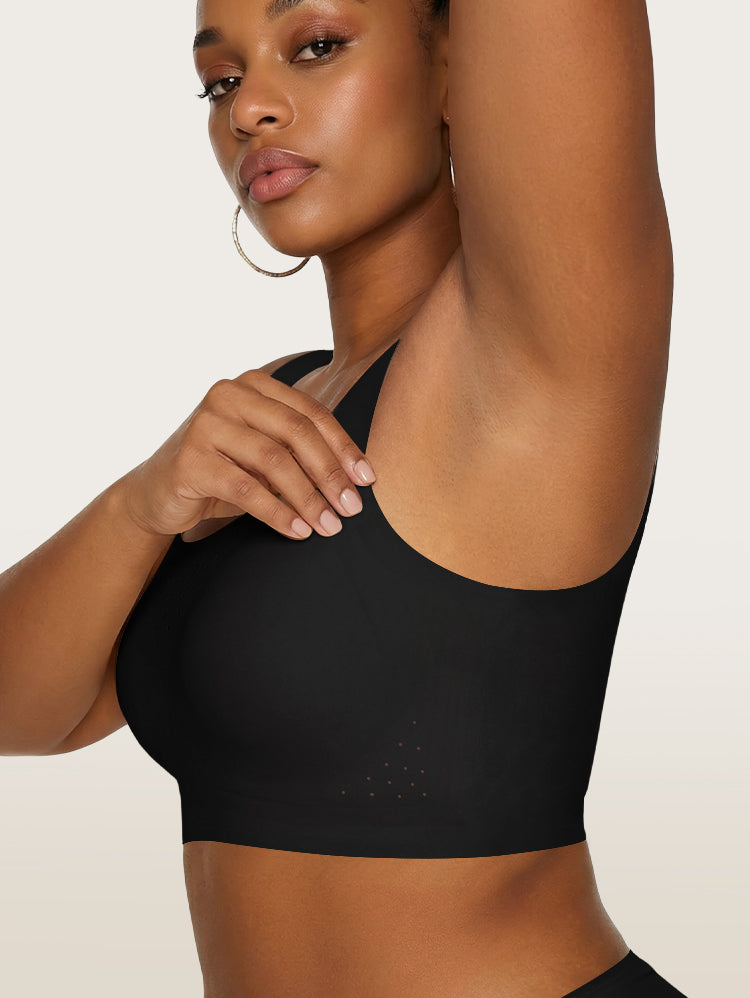 EasyBunny Perforated Minimizer Bra Black – Wireless Seamless Side View Breathable Perforated Holes Arm Raised Dark Skin