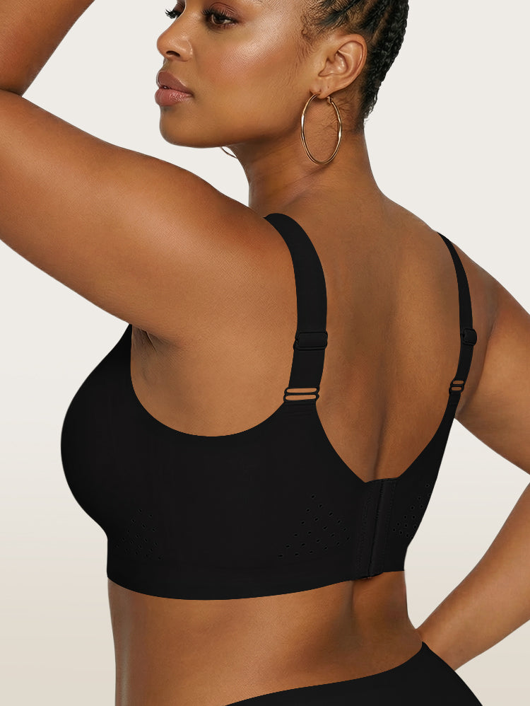 EasyBunny Perforated Minimizer Bra Black – Wireless Wide Adjustable Straps Back Closure Arm Raised Back View Plus Size