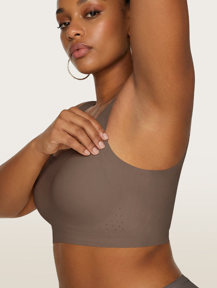 EasyBunny Perforated Minimizer Bra Caramel – Wireless Seamless Side Close-Up Breathable Perforated Holes Arm Raised Dark Skin