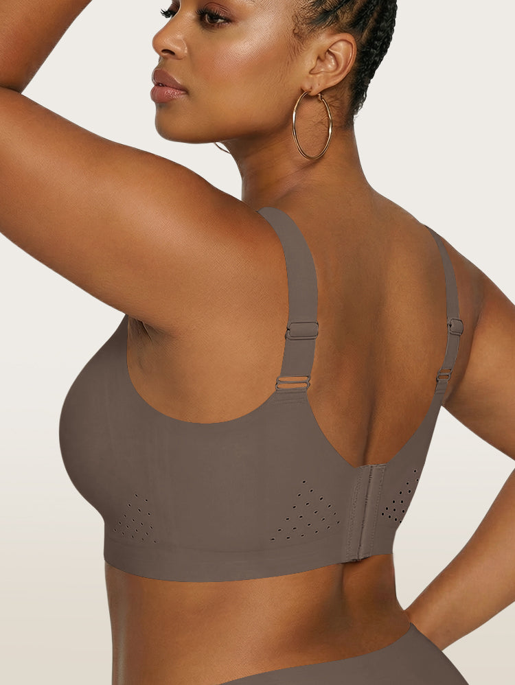EasyBunny Perforated Minimizer Bra Caramel – Wireless Wide Adjustable Straps Back Closure Perforated Back View Arm Raised