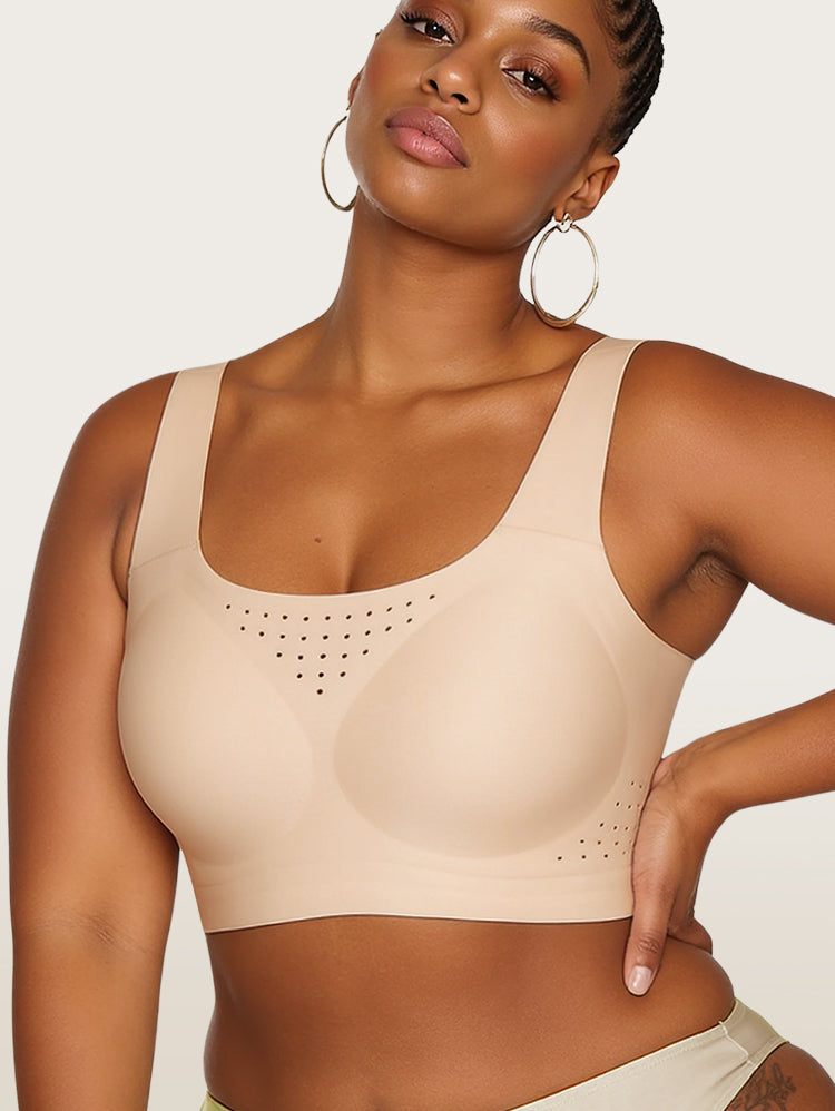 EasyBunny Perforated Minimizer Bra Nude – Wireless Scoop Neck Breathable Perforated Detail Full Coverage Front View Dark Skin