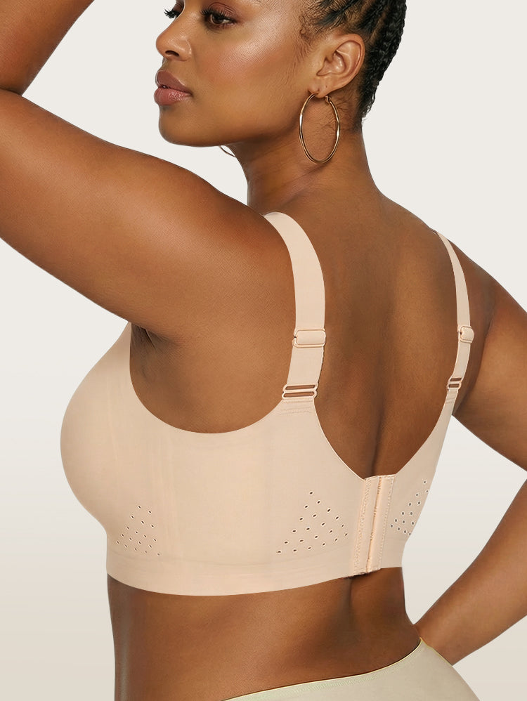 EasyBunny Perforated Minimizer Bra Nude – Wireless Wide Adjustable Straps Back Closure Perforated Back View Plus Size