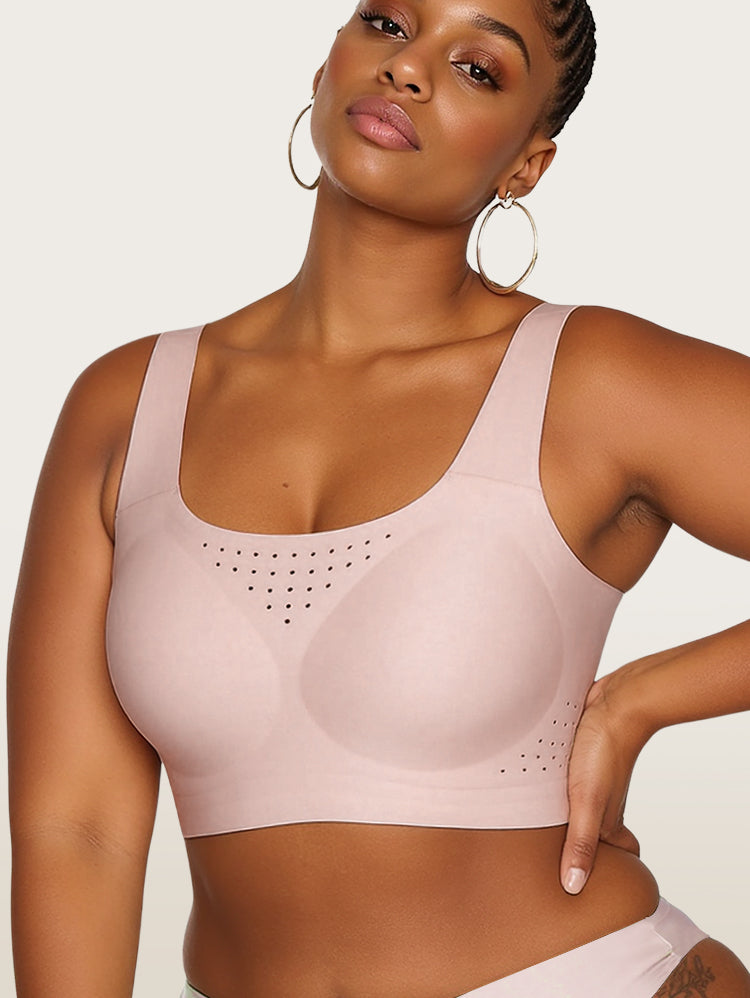 EasyBunny Perforated Minimizer Bra Pink – Wireless Scoop Neck Breathable Perforated Detail Full Coverage Front View Dark Skin
