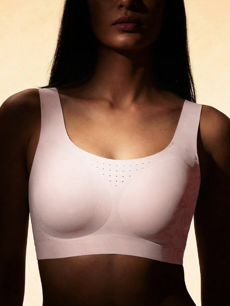 EasyBunny Perforated Minimizer Bra Pink – Wireless Scoop Neck Perforated Detail Front Close-Up Warm Light Dark Skin Tone