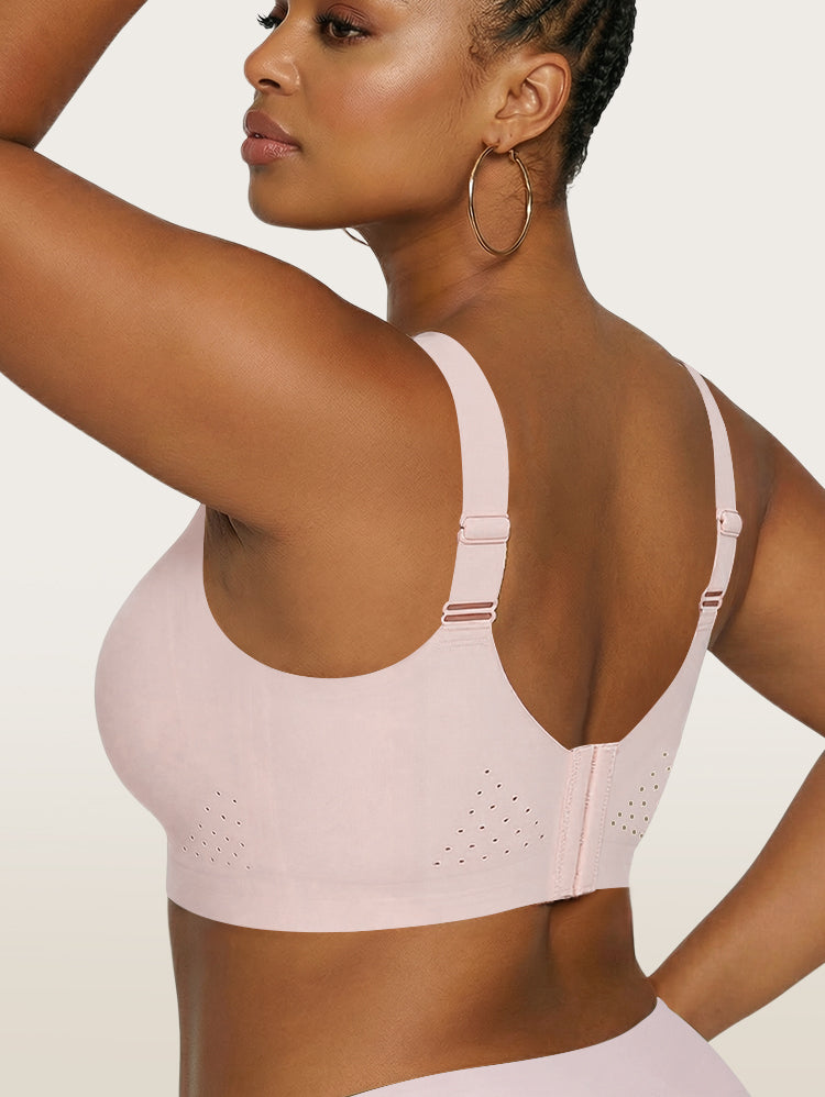 EasyBunny Perforated Minimizer Bra Pink – Wireless Wide Adjustable Straps Back Closure Perforated Back View Arm Raise