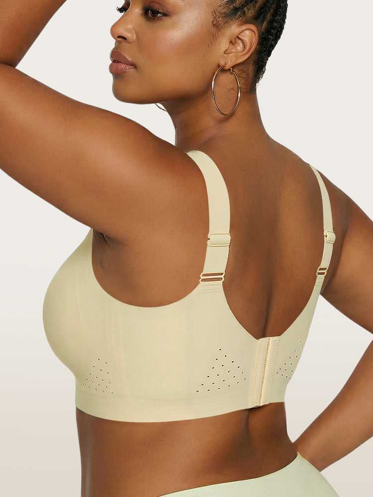 EasyBunny Perforated Minimizer Bra Sage Green – Wireless Wide Adjustable Straps Back Closure Perforated Back View Arm Raised