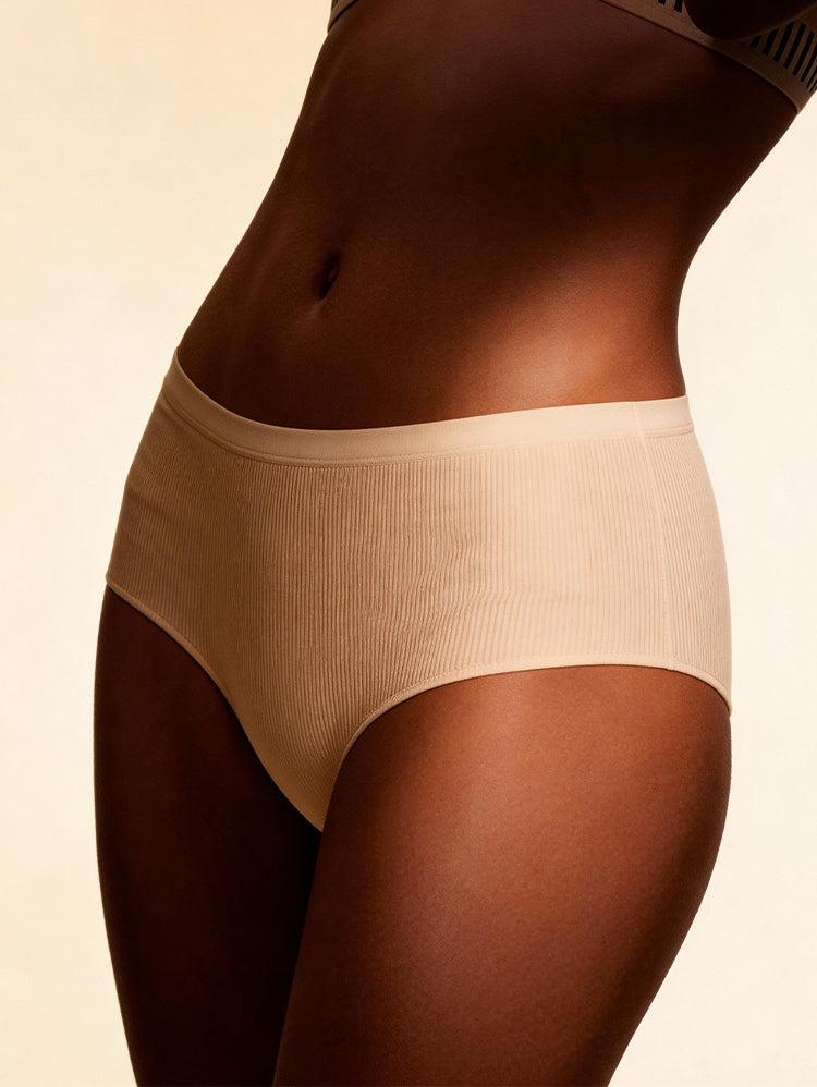 EasyBunny Ribbed High Waist Briefs Nude – Seamless Tummy Control Vertical Stripe Side View