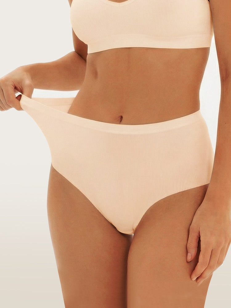 EasyBunny Ribbed High Waist Briefs Nude – Stretchy Waistband Pull Test 4-Way Stretch Comfortable Fit