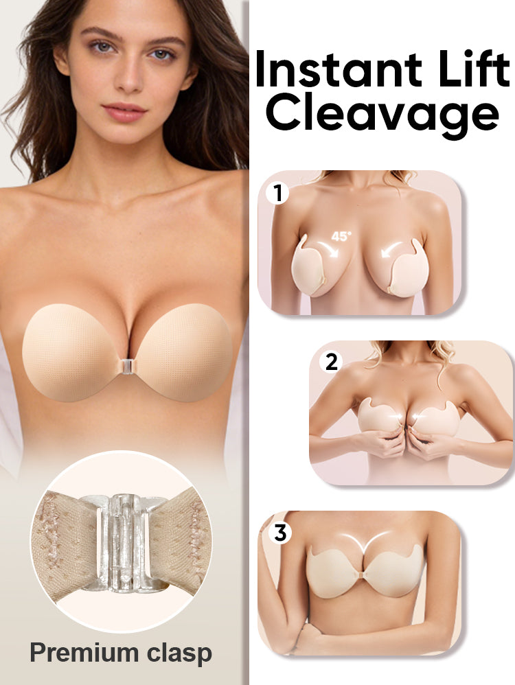 EasyBunny sticky bra worn by model showing instant lift and cleavage with 3-step application guide and premium front clasp