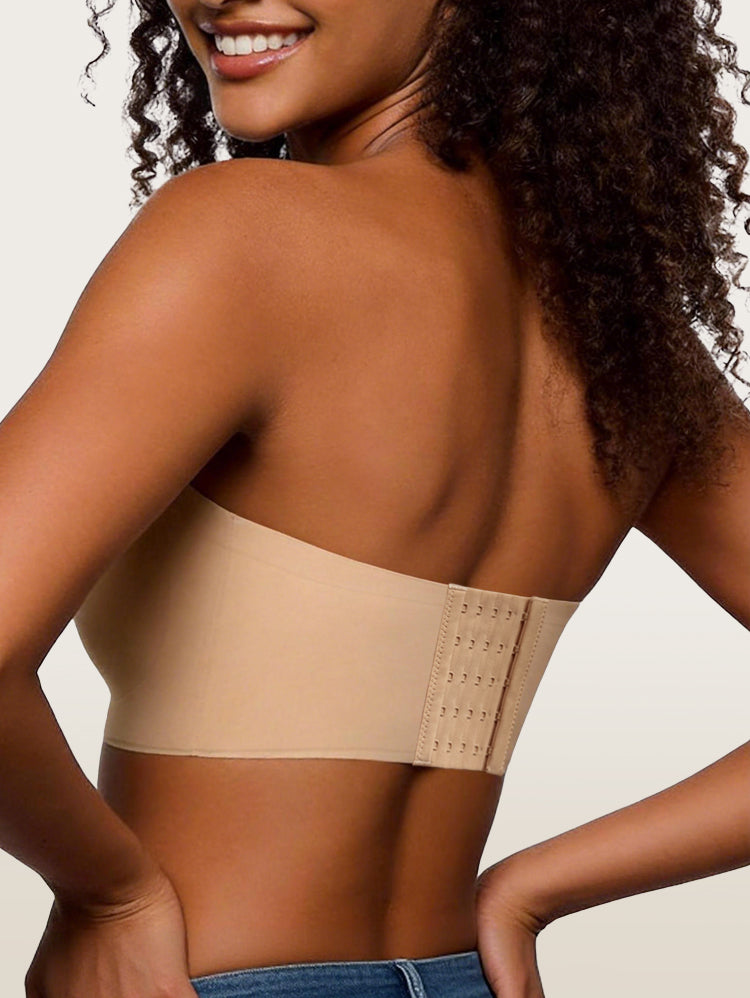 Nude strapless bra back view showing 5-hook closure detail