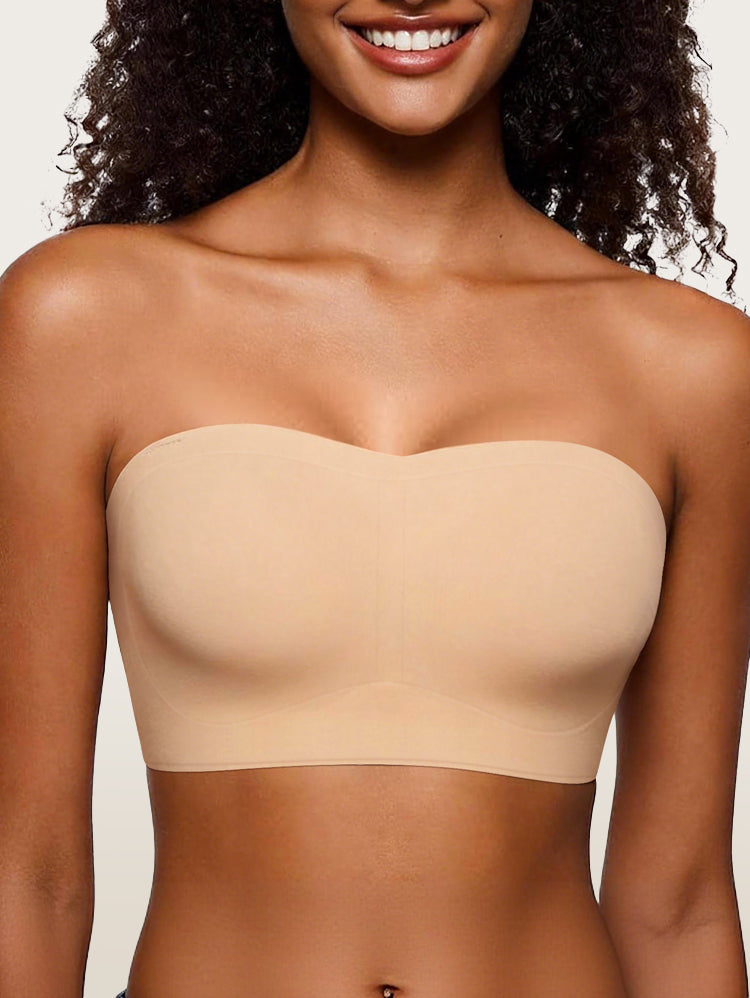Women smiling in nude wireless bandeau bra front full body view
